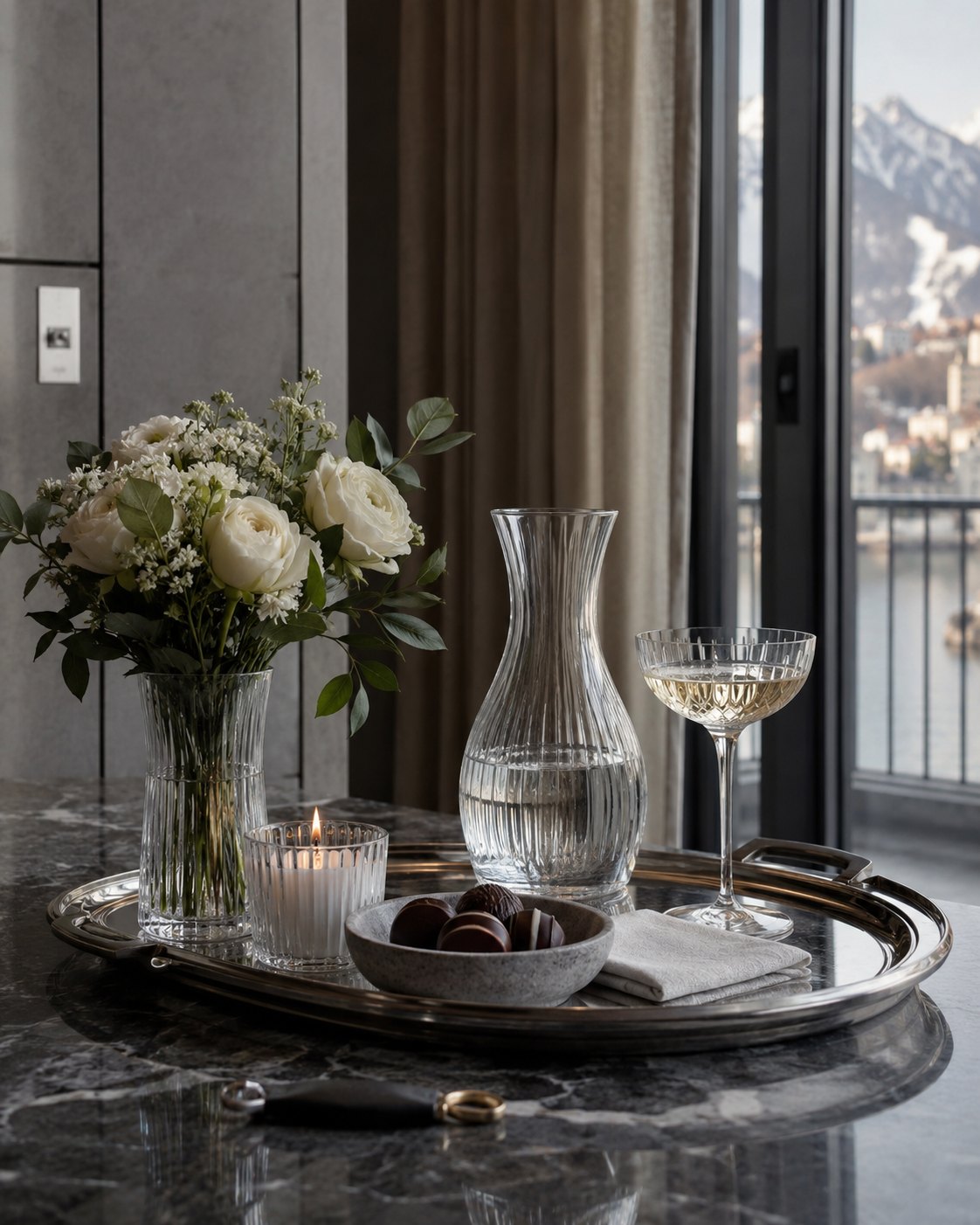 Chocolats artisanaux sur un plateau d’argent, bougie et fleurs blanches devant le lac