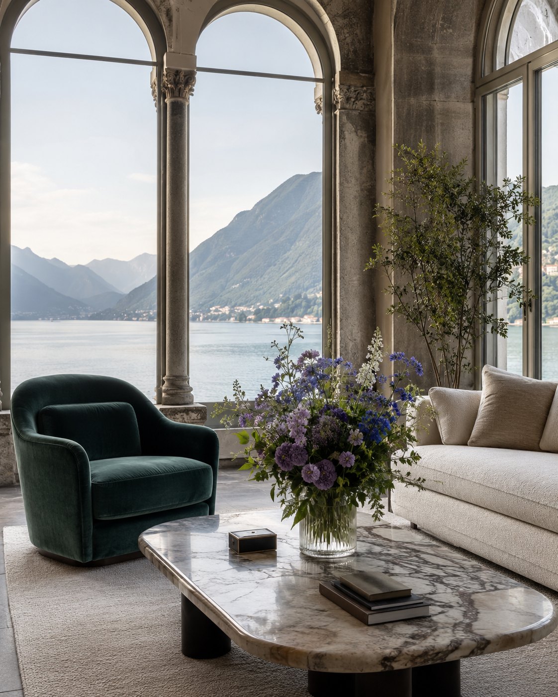 Salon aux arches de pierre ouvert sur le lac, fauteuil de velours vert et bouquet
